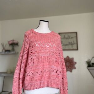 Coral Open-Knit Crew Neck Sweater with Geometric Pattern Size S